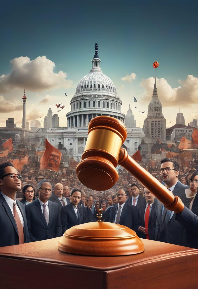 A harmonious blend of a gavel and a megaphone symbolizing law and civic engagement, surrounded by diverse people engaging in discussion. The backdrop features stylized cityscape and government buildings, representing policy frameworks. Icons of law books and policy documents scattered in the foreground. Captivating colors to evoke a sense of urgency and importance. super-realistic. vibrant colors. 3D.