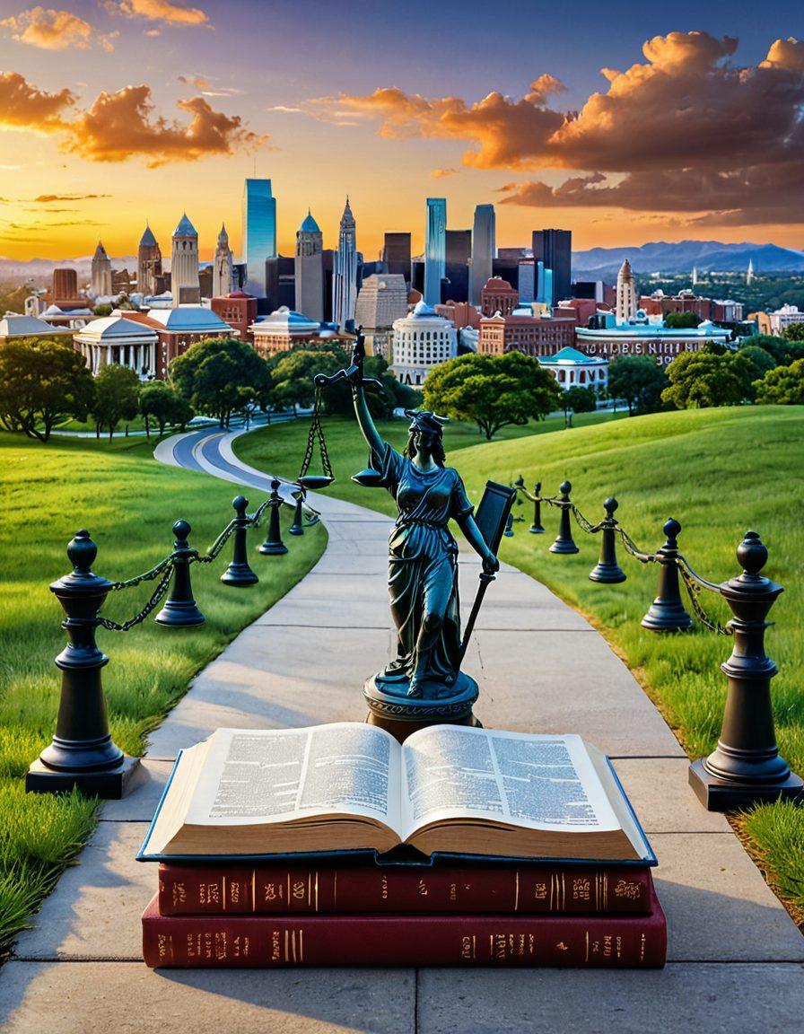A comprehensive visual representation of a winding road through a picturesque legal landscape, featuring iconic symbols of law such as scales of justice, gavel, and legal books along the path. In the background, a horizon showcasing a modern cityscape intermingled with historical court buildings. This scene should convey the journey of understanding legislation with vibrant colors and engaging elements to captivate readers. super-realistic. vibrant colors.