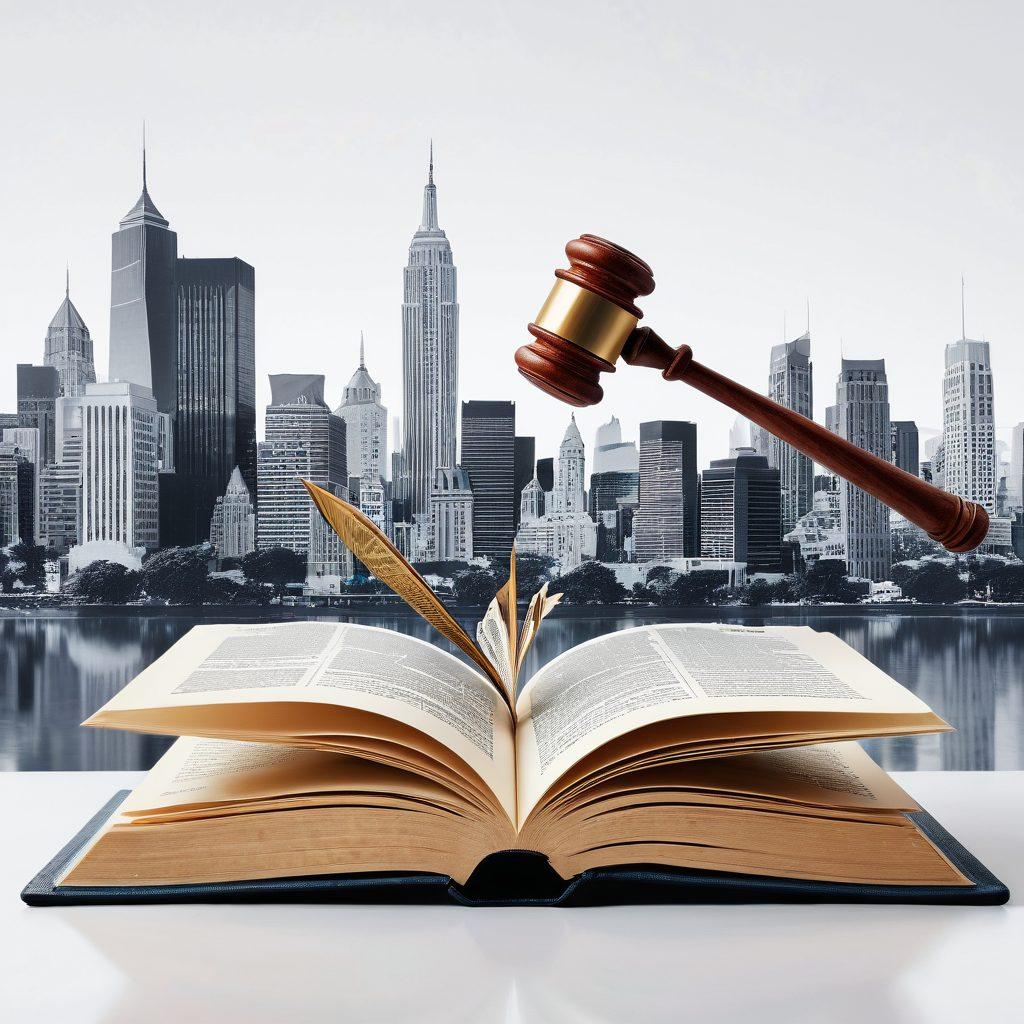 A dynamic collage featuring an open law book with pages turning, a gavel striking down in the foreground, a stylized city skyline representing legal institutions, and digital graphs showcasing legislative changes. The background includes a balance scale symbolizing justice and innovation. super-realistic. vibrant colors. white background.